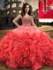 Classical Red Ball Gowns Beading 15th Birthday Dress Lace Up Fabric With Rolling Flowers Sleeveless Floor Length
