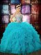 Classical Off the Shoulder Sleeveless Floor Length Beading and Ruffles and Sequins Zipper 15 Quinceanera Dress with Aqua Blue Classical Off the Shoulder Sleeveless Floor Length Beading and Ruffles and Sequins Zipper 15 Quinceanera Dress with Aqua Blue