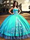 Eye-catching Embroidery Sweetheart Sleeveless Lace Up 15th Birthday Dress Aqua Blue Taffeta
