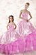 Superior Floor Length Lilac Quince Ball Gowns Organza Sleeveless Embroidery and Ruffled Layers