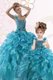 Luxury One Shoulder Floor Length Lace Up Sweet 16 Dresses Teal for Military Ball and Sweet 16 and Quinceanera with Beading and Ruffles