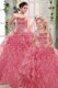 Smart Rose Pink Ball Gowns Strapless Sleeveless Organza Floor Length Lace Up Beading and Ruffles Vestidos de Quinceanera