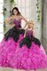 Trendy Sleeveless Organza Floor Length Lace Up Quince Ball Gowns in Pink And Black with Beading and Ruffles