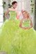 Low Price Strapless Sleeveless Quinceanera Gowns Floor Length Beading and Ruffles Yellow Green Organza