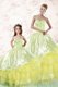 Sleeveless Organza Floor Length Lace Up Vestidos de Quinceanera in Light Yellow with Embroidery and Ruffled Layers