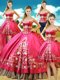 Dramatic Four Piece Floor Length Lace Up Sweet 16 Dresses Hot Pink for Military Ball and Sweet 16 and Quinceanera with Beading and Embroidery