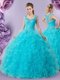 Spectacular Straps Floor Length Baby Blue 15th Birthday Dress Tulle Sleeveless Beading and Ruffles