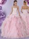 Elegant Baby Pink Ball Gowns Tulle Sweetheart Sleeveless Beading and Lace and Ruffles Floor Length Lace Up Quinceanera Gowns