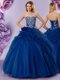 Unique Royal Blue Sleeveless Floor Length Beading and Ruffles and Hand Made Flower Lace Up Sweet 16 Dresses