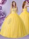 Smart Beading Ball Gown Prom Dress Gold Lace Up Sleeveless Floor Length