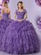 Designer Sleeveless Organza Floor Length Lace Up Quinceanera Gown in Purple with Beading and Ruffles