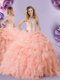 Colorful Peach Organza Zipper Straps Sleeveless Floor Length 15th Birthday Dress Beading and Ruffles and Pick Ups