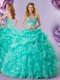 Turquoise Ball Gowns Organza Sweetheart Sleeveless Beading and Ruffles and Pick Ups Floor Length Lace Up 15 Quinceanera Dress