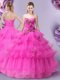 Designer Hot Pink Tulle Lace Up Quince Ball Gowns Sleeveless Floor Length Appliques and Ruffled Layers and Hand Made Flower