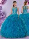 Traditional Scoop Sleeveless 15th Birthday Dress Floor Length Beading and Ruffles Teal Organza