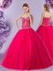 Hot Pink Ball Gowns Beading Vestidos de Quinceanera Lace Up Tulle Sleeveless Floor Length
