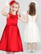 Scoop Bowknot and Hand Made Flower Flower Girl Dresses Red Clasp Handle Sleeveless Tea Length