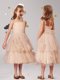 Fabulous Champagne A-line Straps Sleeveless Tulle Tea Length Zipper Appliques and Ruffles and Bowknot Flower Girl Dresses for Less