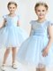 Affordable Light Blue Ball Gowns Scoop Cap Sleeves Organza Mini Length Zipper Appliques and Bowknot and Hand Made Flower Flower Girl Dresses