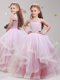 Deluxe Straps Floor Length Baby Pink Flower Girl Dress Tulle Sleeveless Beading and Ruffles