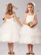 Straps Sleeveless Tulle Tea Length Zipper Flower Girl Dresses for Less in White with Appliques and Ruffled Layers and Bowknot
