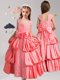 Straps Floor Length Watermelon Red Flower Girl Dress Taffeta and Lace Cap Sleeves Pick Ups and Bowknot and Hand Made Flower
