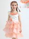 Latest Scoop Knee Length Peach Flower Girl Dresses Organza Cap Sleeves Ruffled Layers and Hand Made Flower
