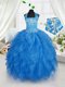 Customized Halter Top Organza Sleeveless Floor Length Little Girl Pageant Dress and Appliques and Ruffles
