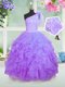 Stylish Lavender Ball Gowns One Shoulder Sleeveless Organza Floor Length Lace Up Beading and Ruffles Little Girl Pageant Dress