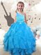 Shining One Shoulder Beading and Ruffles Little Girls Pageant Gowns Aqua Blue Lace Up Sleeveless Floor Length