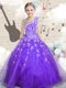 Luxury Floor Length Lilac Little Girls Pageant Gowns Organza Sleeveless Beading and Appliques and Hand Made Flower