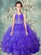 Beauteous Blue Ball Gowns Halter Top Sleeveless Organza Floor Length Zipper Beading and Ruffled Layers Toddler Flower Girl Dress