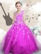 Inexpensive Organza Asymmetric Sleeveless Lace Up Beading and Appliques and Hand Made Flower Little Girl Pageant Gowns in Fuchsia