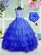 Traditional Sleeveless Floor Length Beading and Ruffled Layers Zipper Flower Girl Dress with Royal Blue