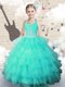 Halter Top Turquoise Organza Lace Up Child Pageant Dress Sleeveless Floor Length Beading and Ruffled Layers