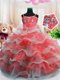 Floor Length Red Flower Girl Dress Organza Sleeveless Beading and Ruffled Layers