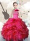 Hot Pink One Shoulder Lace Up Beading and Ruffles Flower Girl Dress Sleeveless