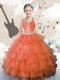 Colorful Orange Flower Girl Dress Party and Wedding Party and For with Beading and Ruffled Layers Halter Top Sleeveless Lace Up