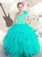 One Shoulder Sleeveless Lace Up Kids Pageant Dress Aqua Blue Organza
