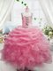 Watermelon Red Ball Gowns Organza Square Sleeveless Beading and Ruffles and Pick Ups Floor Length Zipper Girls Pageant Dresses
