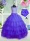 Suitable Square Sleeveless Little Girl Pageant Gowns Floor Length Beading and Ruffled Layers Purple Organza