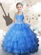 Halter Top Sleeveless Organza Floor Length Lace Up Girls Pageant Dresses in Light Blue with Beading and Ruffled Layers