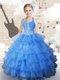Halter Top Sleeveless Organza Floor Length Lace Up Girls Pageant Dresses in Light Blue with Beading and Ruffled Layers