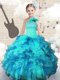 Organza One Shoulder Sleeveless Lace Up Beading and Ruffles Little Girls Pageant Dress Wholesale in Aqua Blue