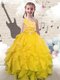 Fashion Yellow Organza Lace Up One Shoulder Sleeveless Floor Length Flower Girl Dresses Beading and Ruffles