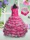 Floor Length Hot Pink Kids Pageant Dress Organza Sleeveless Beading and Appliques and Ruffled Layers