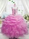 Sleeveless Floor Length Beading and Ruffles and Pick Ups Zipper Little Girl Pageant Dress with Pink