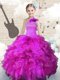 One Shoulder Fuchsia Lace Up Kids Pageant Dress Beading and Ruffles Sleeveless Floor Length