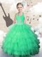 Custom Designed Halter Top Sleeveless Flower Girl Dresses Floor Length Beading and Ruffled Layers Green Organza