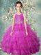 Sexy Halter Top Fuchsia Organza Zipper Kids Pageant Dress Sleeveless Floor Length Beading and Ruffled Layers